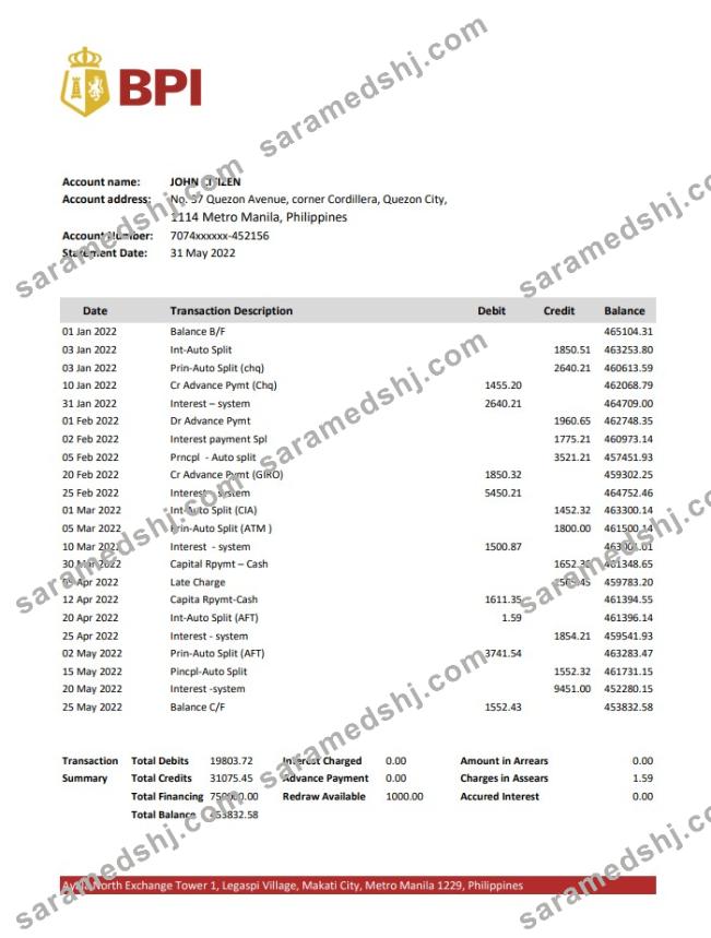 Philippines Bank of the Philippine Islands bank statement